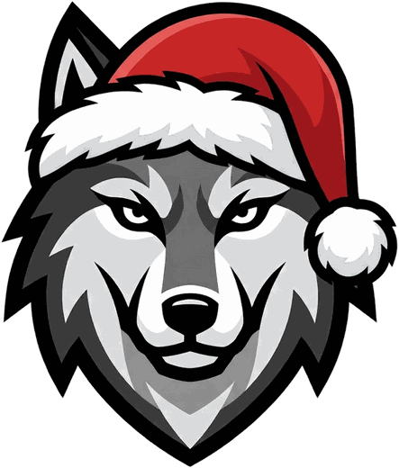 Wolfpack Winter Classic logo: a grey wolf wearing a Santa hat